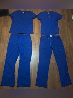 Four Piece Scrubs Cherokee & Koi Large Tops Large Long Bottoms Blue